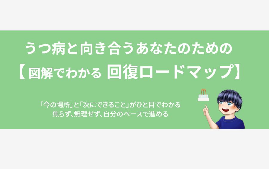 うつ病回復への道筋を示す「図解ロードマップ」のアイキャッチ。キャラクターが治療コンセプトである「三脚の椅子と土台」のシンボルを提示している。