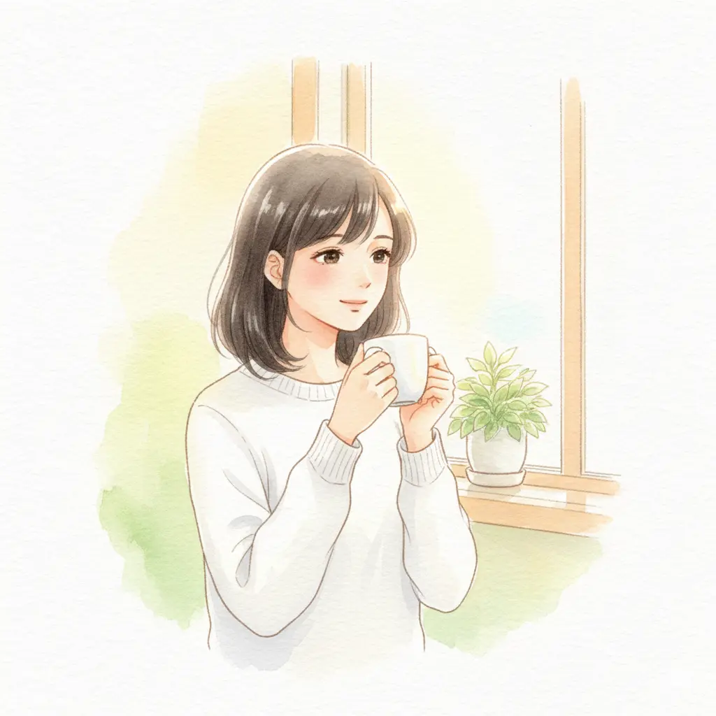 穏やかな表情でマグカップを手に窓際に立つこころさん、うつ病の兆候をやさしく伝えるイラスト