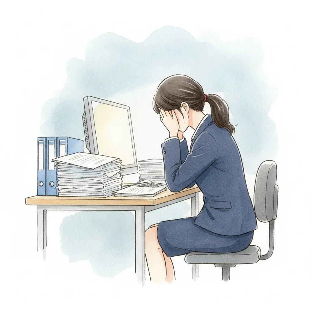 デスクの書類の前で頭を抱えるスーツ姿のこころさん、職場ストレスとうつのサイン