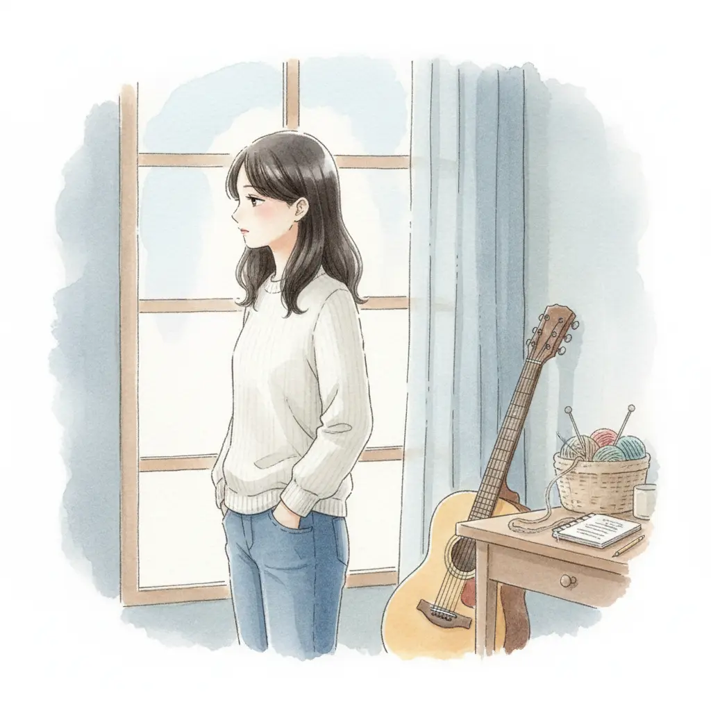 趣味のギターや編み物を置き窓の外を寂しげに見つめるこころさん、楽しめないこころのサイン