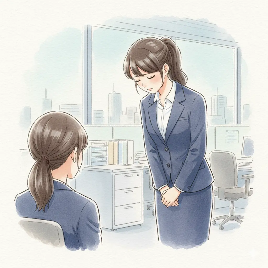 オフィスで上司に頭を下げるスーツ姿のこころさん、自分を責める行動のうつのサイン