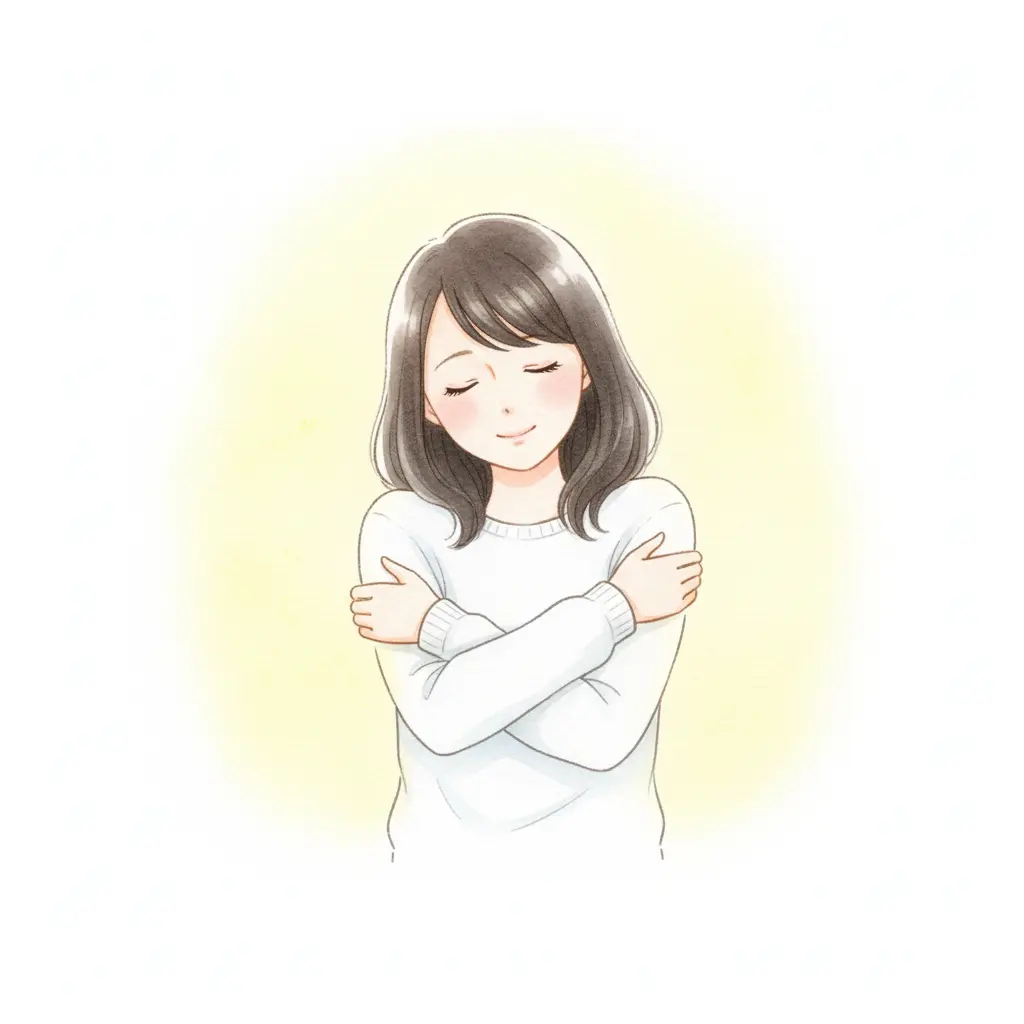 暖かい光の中で自分自身を優しく抱きしめるこころさん、がんばれない自分を責めないメッセージ