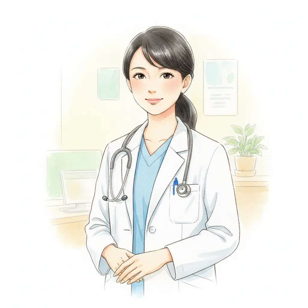 白衣を着て優しく微笑む女医、うつ病の相談・専門家への一歩を促すイラスト
