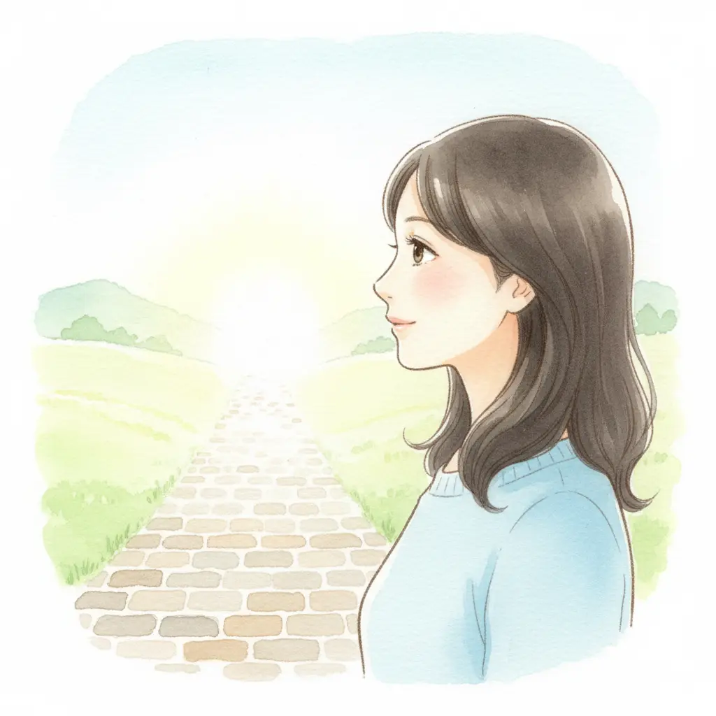 希望の光が差す道を穏やかに歩くこころさん、うつから回復への道のりを象徴