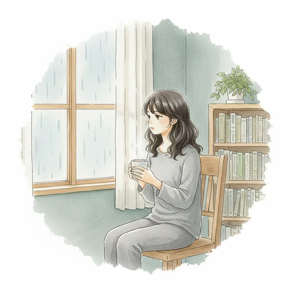雨の窓辺で物憂げに座るこころさん、うつ病の続く不調を表現