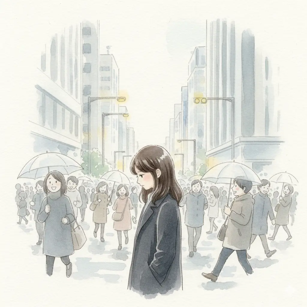 街の雑踏で一人うつむくこころさん、うつ病による孤立感を表現