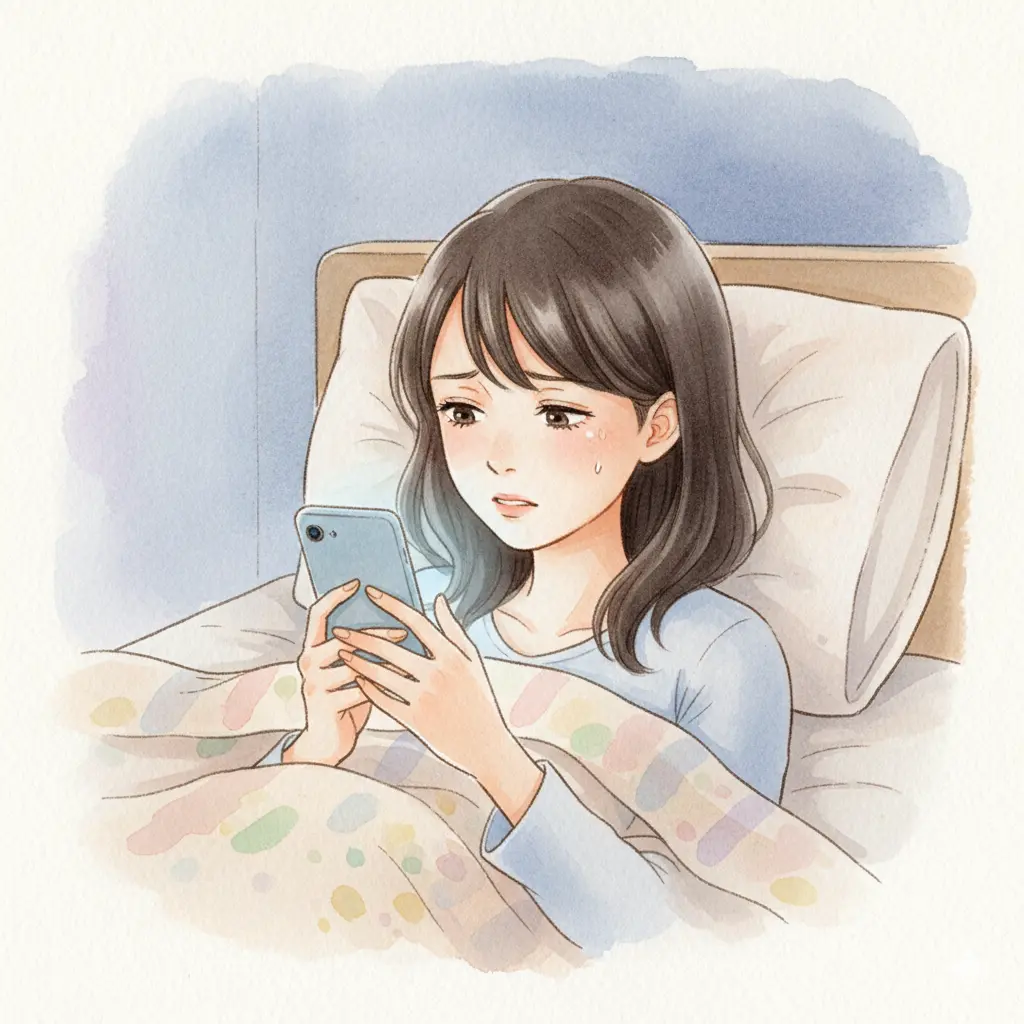 布団の中で不安な表情でスマホを見るこころさん、病院に行くことへの葛藤