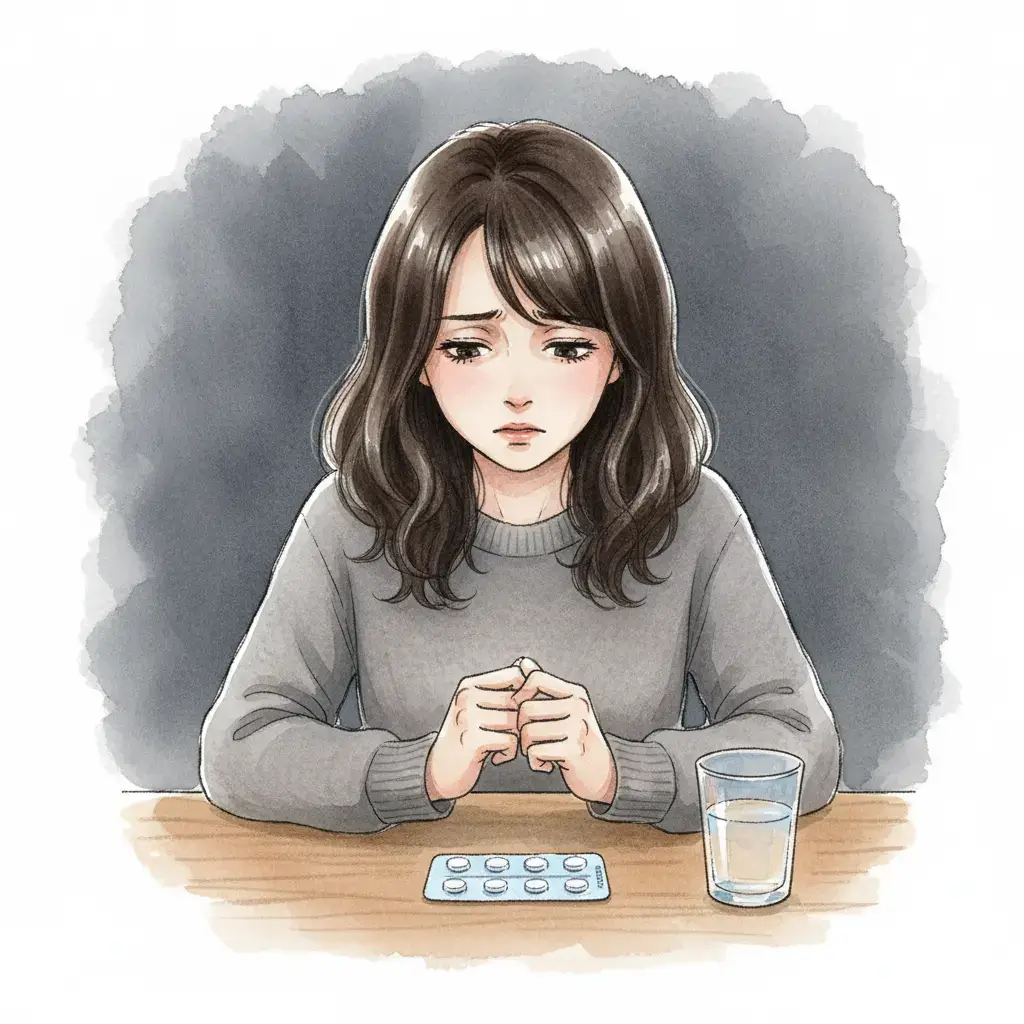 うつ病治療の第一歩である薬を前に、不安げな表情でテーブルを見つめるこころさん