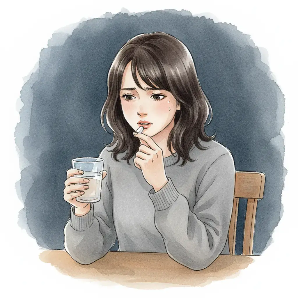 うつ病の薬と水の入ったコップを手に、治療への一歩を踏み出そうと覚悟を決めたこころさんの手元のクローズアップ