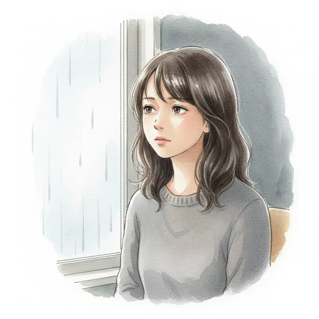 薬の効果が感じられず、窓の外の雨模様を不安げな表情で眺めるこころさん