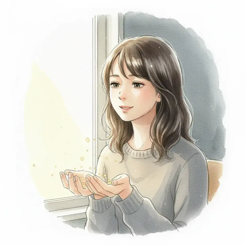ある朝、カーテンから差し込む光に、心境のわずかな好転を感じ取るこころさんの穏やかな表情