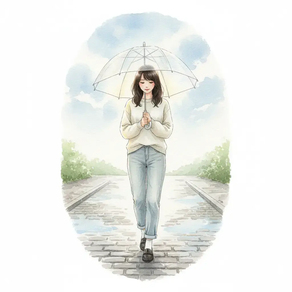 雨上がりの光が差す道を、透明な傘を手に穏やかな表情で歩くこころさん。薬を「心を守る傘」として受け入れ、自分のペースで歩み始めた様子。