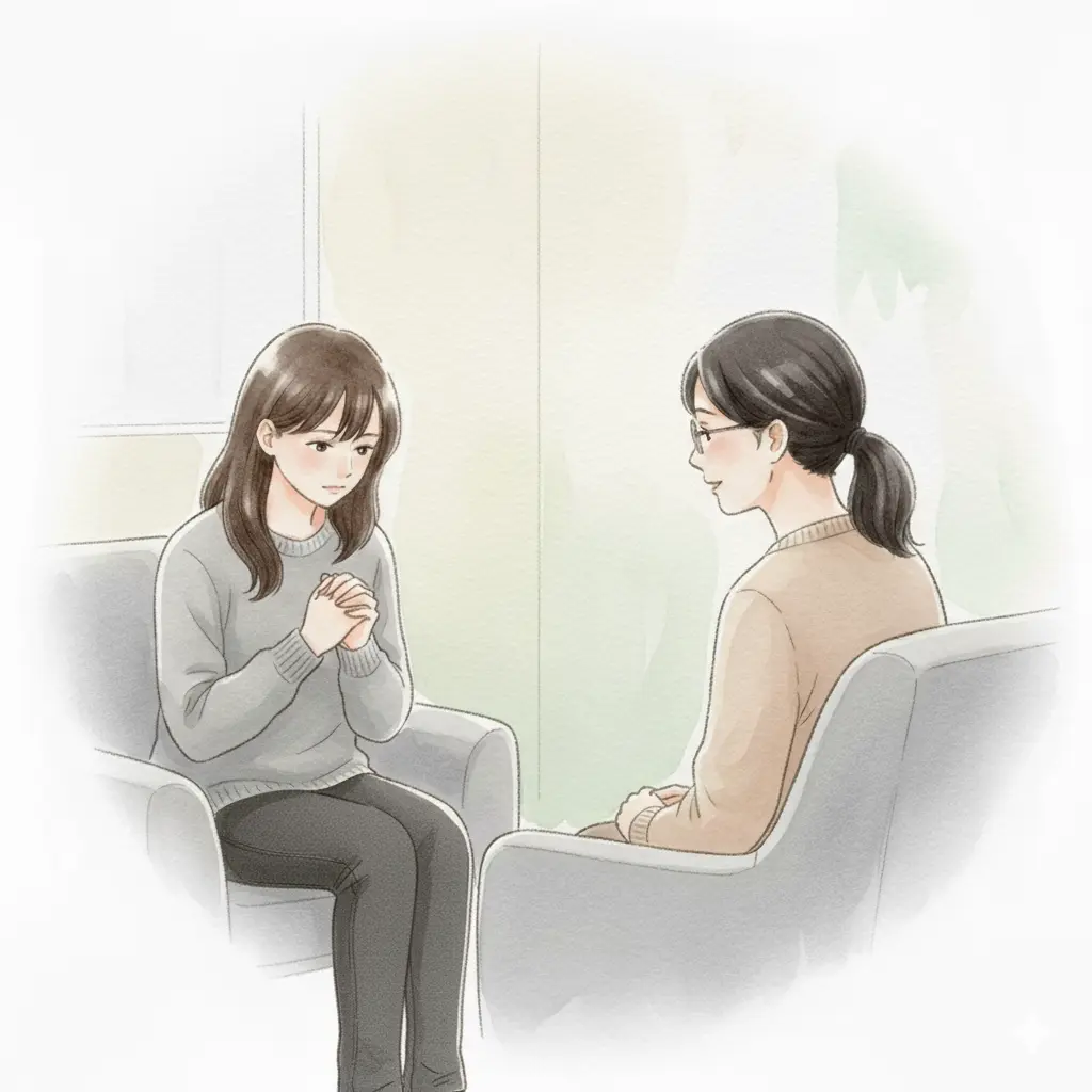 穏やかなカウンセラーと向かい合って座るが、緊張で手を固く握り、手元を見つめているこころさん
