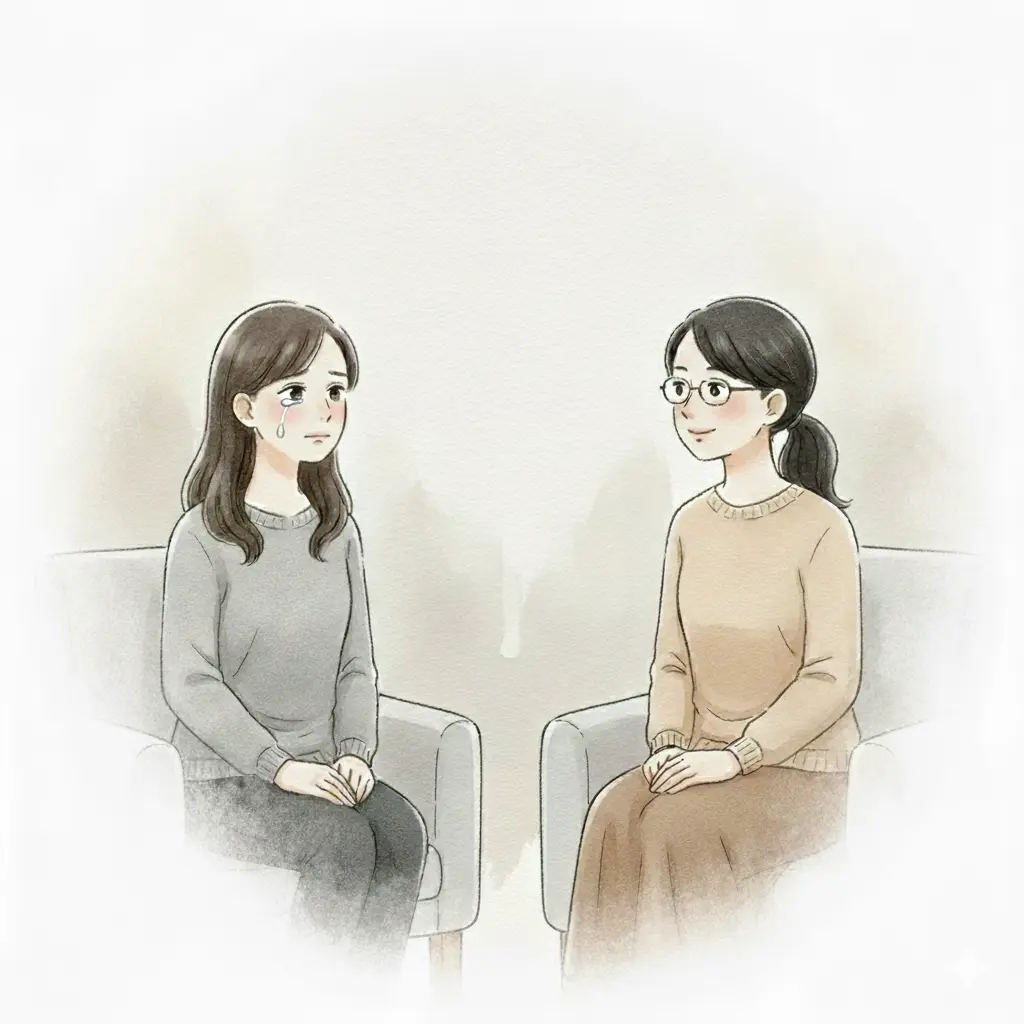 カウンセラーの優しい言葉に、少し顔を上げてぽつりぽつりと話し始め、涙を流すこころさん