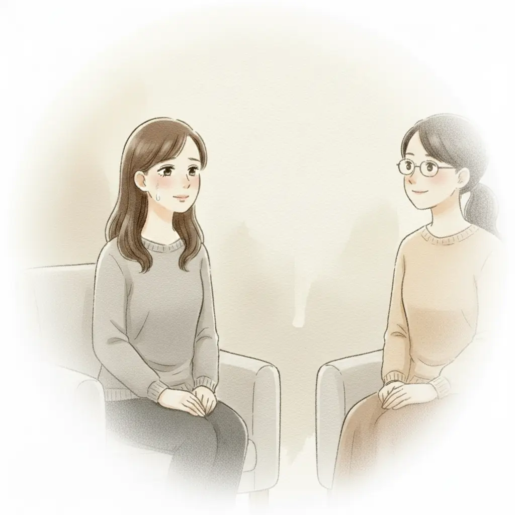 話を聞いてもらう中で強張っていた表情が和らぎ、安堵の涙をうかべるこころさん