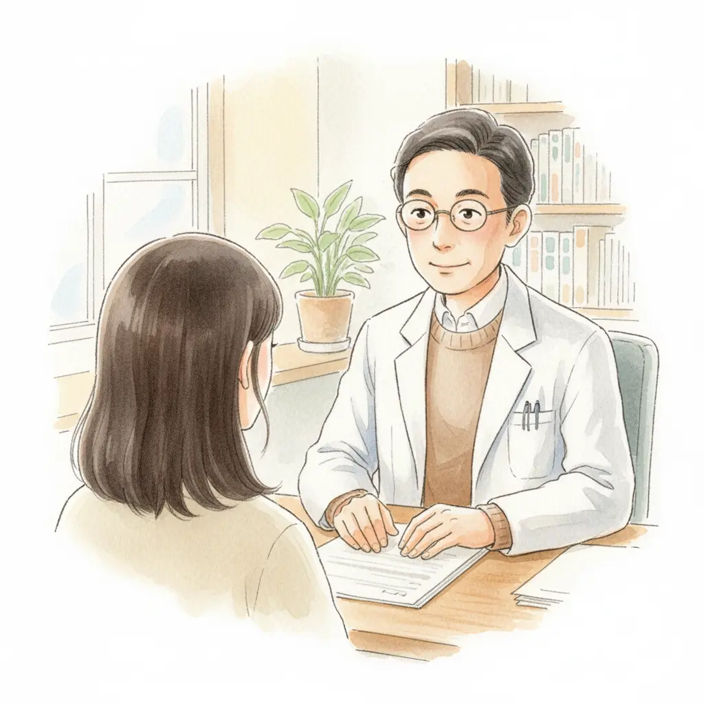 診察室で、優しく語りかける男性医師