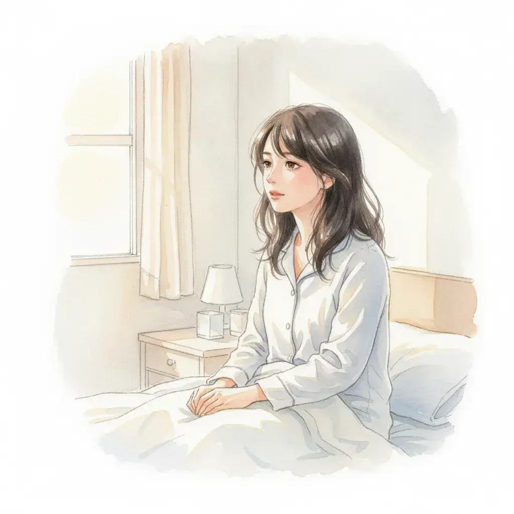 夜明けの光が差し込む部屋で、ベッドからゆっくりと身体を起こすこころさん