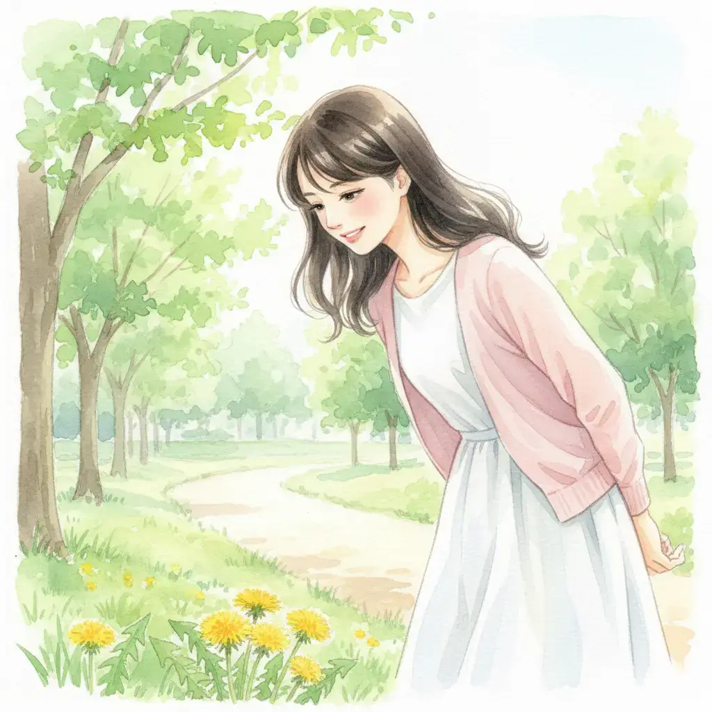 春の公園を一人で散歩するこころさん。足元にはたんぽぽの花が咲いている。