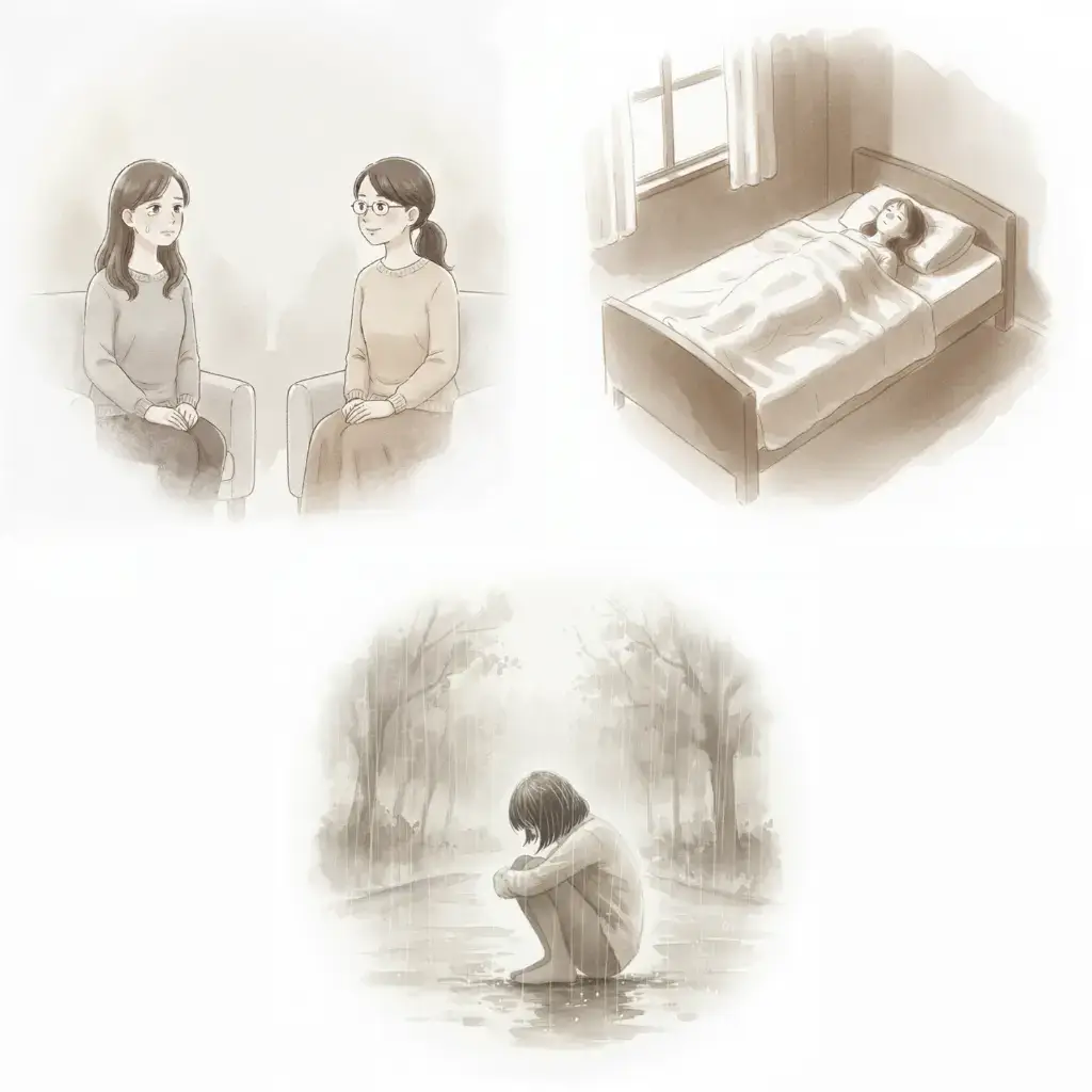 これまでの辛かった日々(カウンセリング、ベッドの上、雨の中)を振り返る回想シーンのイラスト