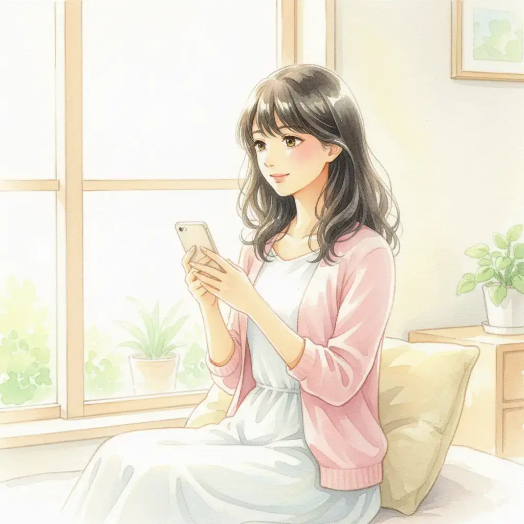 窓辺に座り、スマートフォンで誰かと話しながらやわらかく微笑んでいるこころさん