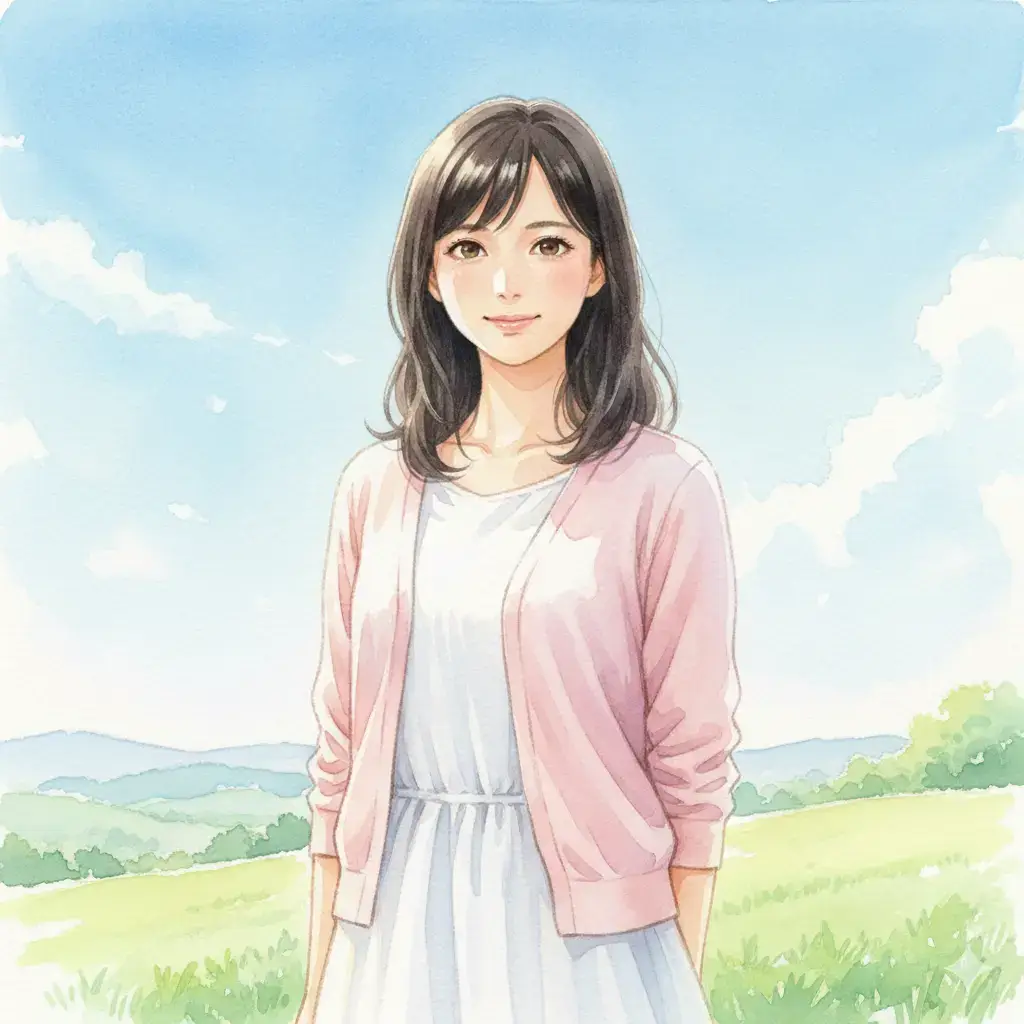 見晴らしの良い丘の上で、読者の方をまっすぐに見て優しく微笑むこころさん