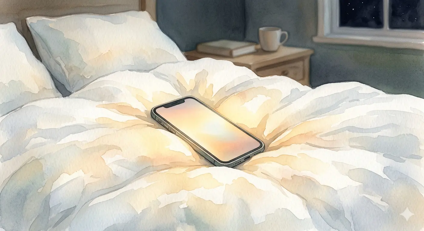 静かな部屋の布団の上に置かれ、温かな希望の光を放つスマートフォンの水彩画風イラスト。オンライン診療や相談窓口という外の世界との繋がりを象徴しています。